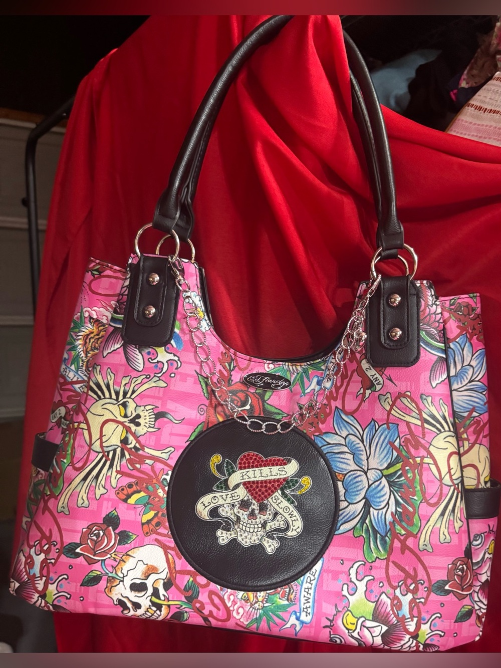 Ed Hardy Pink Floral Skull Tote with Black Trim and Chain Accent